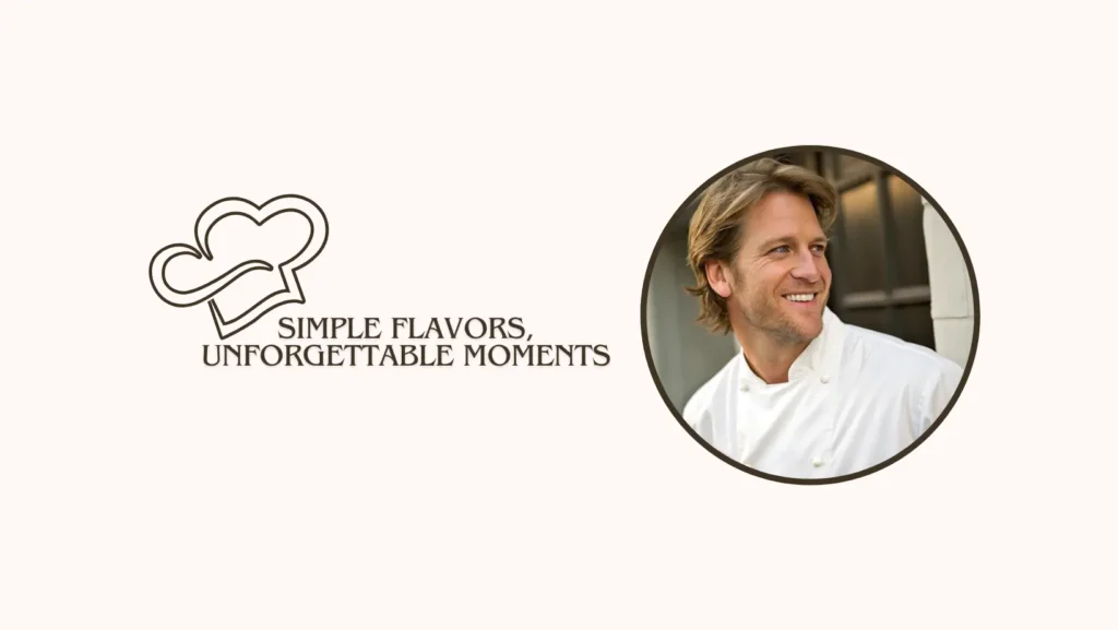 About Us 3 Smiling chef in a white uniform next to a logo with a chef’s hat and the phrase "Simple Flavors, Unforgettable Moments."