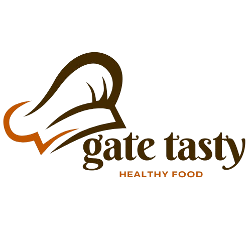"Gate Tasty Healthy Food Logo with Chef Hat Icon"