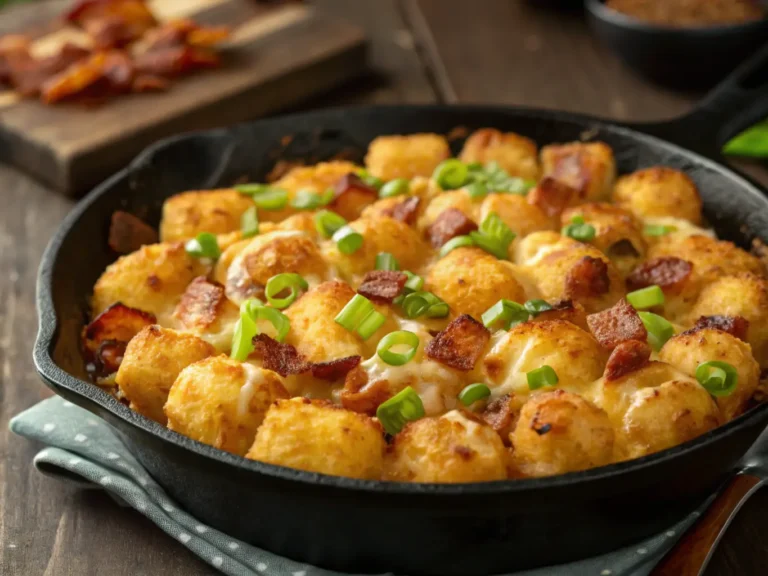 Crispy golden tater tots served with three dipping sauces: cheese, ketchup, and spicy mayo