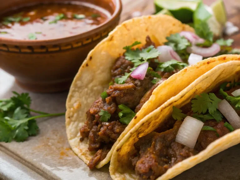 Authentic Birria Tacos Recipe: 5 Secrets to Perfect Results 11 Close up of beef tacos with cilantro, onions, and salsa on a stone surface