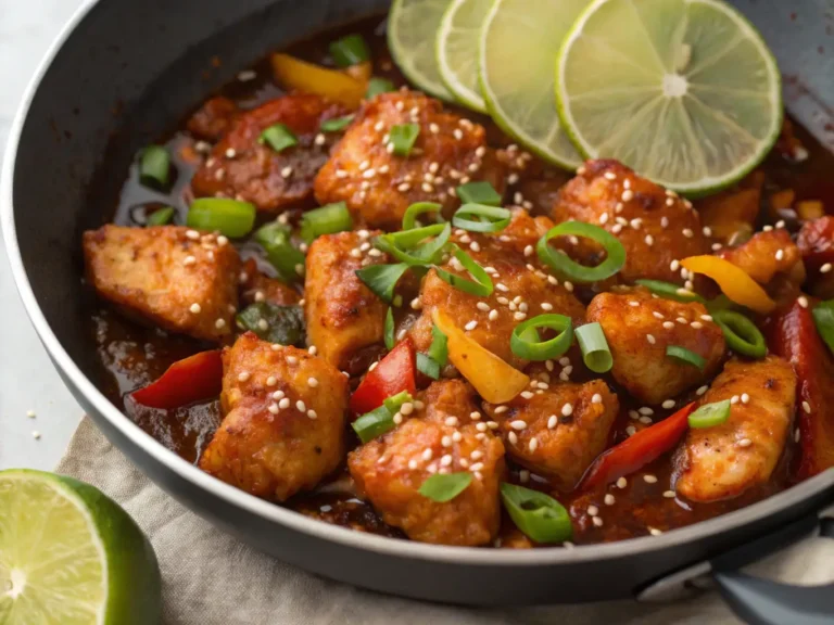 Irresistible Sweet Chili Chicken: Easy 30 Minute Dinner Recipe 8 Spicy sesame chicken stir-fry with bell peppers and lime in a skillet
