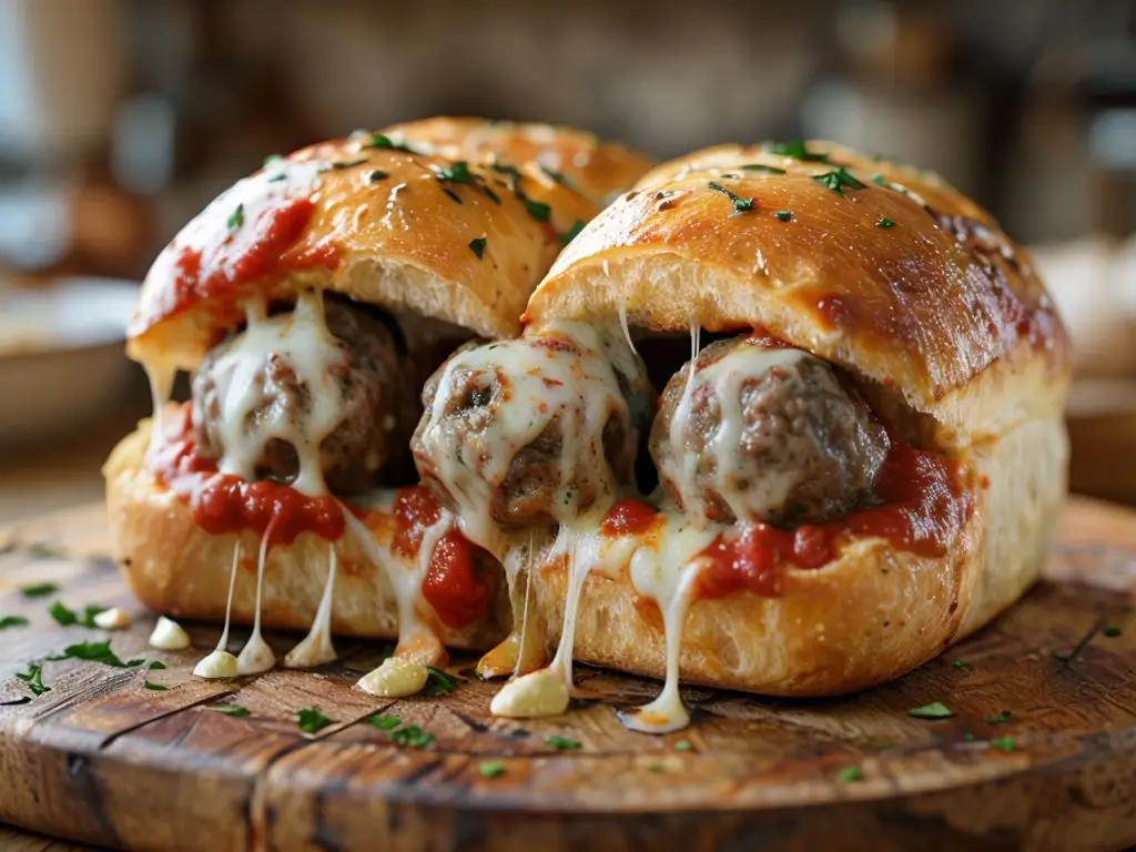 Cheesy Meatball Stuffed Bun Recipe 3 Golden Brown Dinner Roll Filled With Meatballs And Cheese